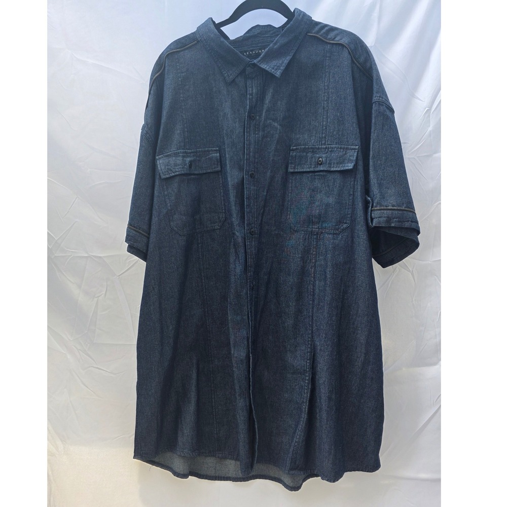Sean John Mens Dark Wash Denim Short Sleeve Button Down Shirt Zipper Detail NEW